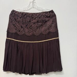 Elegant Brown Pleated Silk Skirt Lace